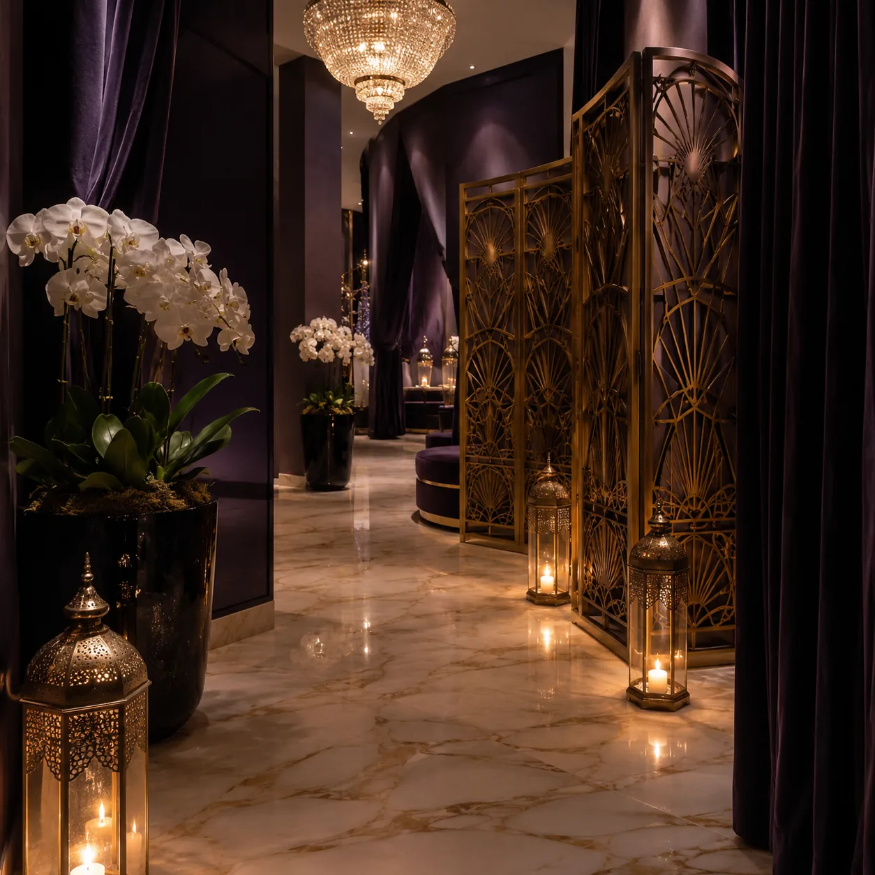 Giriş holü, avize ve paravan — Lila Spa, Kağıthane misafirlerine hizmet veren salon
